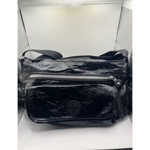 Kipling Black Patent Crinkled Shoulder Bag Messenger Monkey‎ Charm Nylon